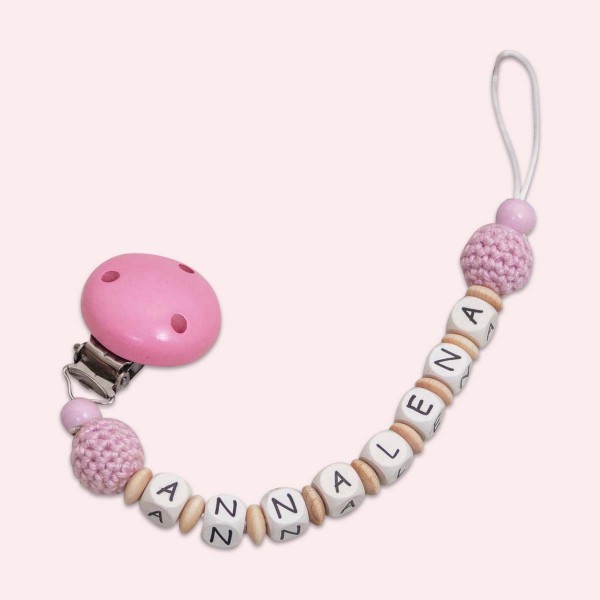 Dummy chain made of wood with crochet bead, pink