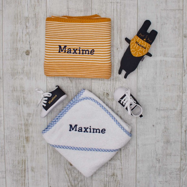 Mustard &amp; Navy set with little bunny, blanket, towel and shoes
