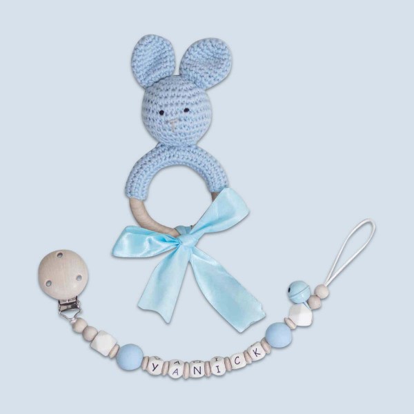 Pacifier Chain And Crochet Bunny, Blue