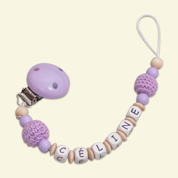 Dummy chain made of wood with crochet bead, purple