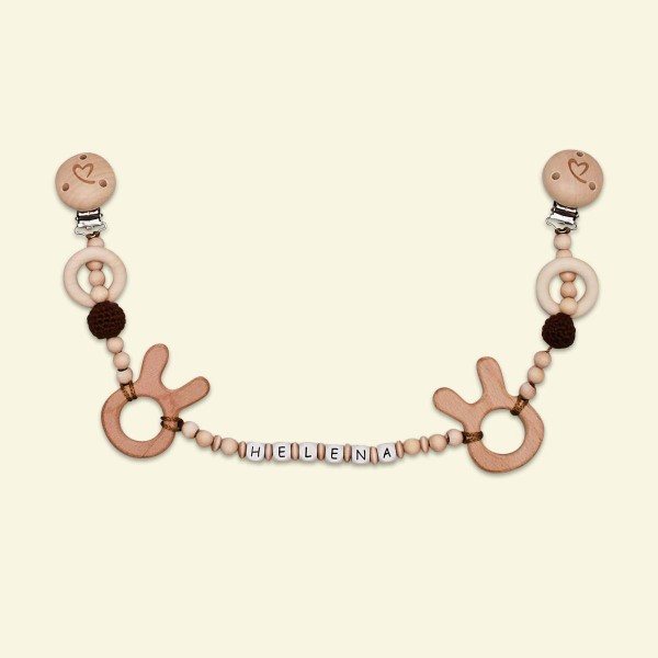 Pram chain, Bunny &amp; Crochet pearl, brown, personalised