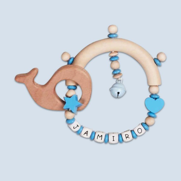 wooden gripper with star, heart and whale, blue