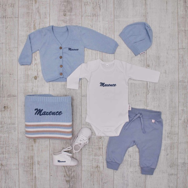Coffret Prestige, mon bébé élégant et confortable, blanc et bleu
