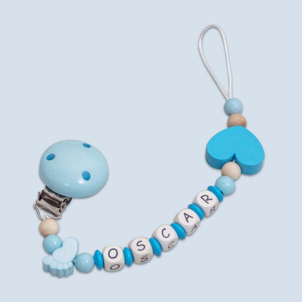 Dummy chain made of wood with with foot and heart, blue