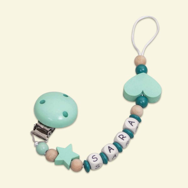 Wooden dummy chain with star and heart, mint