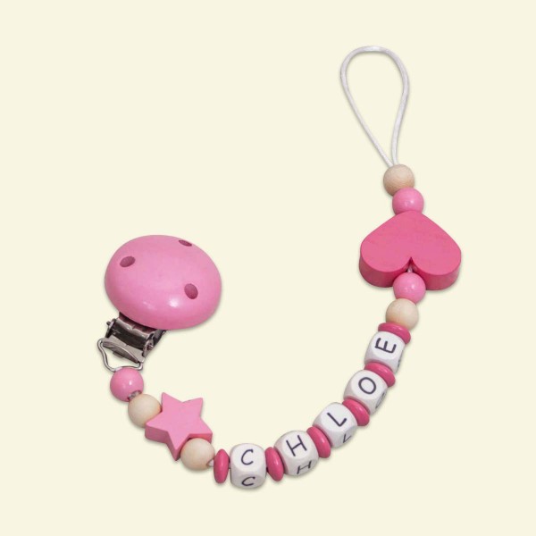 Wooden dummy chain with star and heart, pink