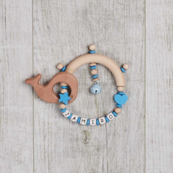 wooden gripper with star, heart and whale, blue