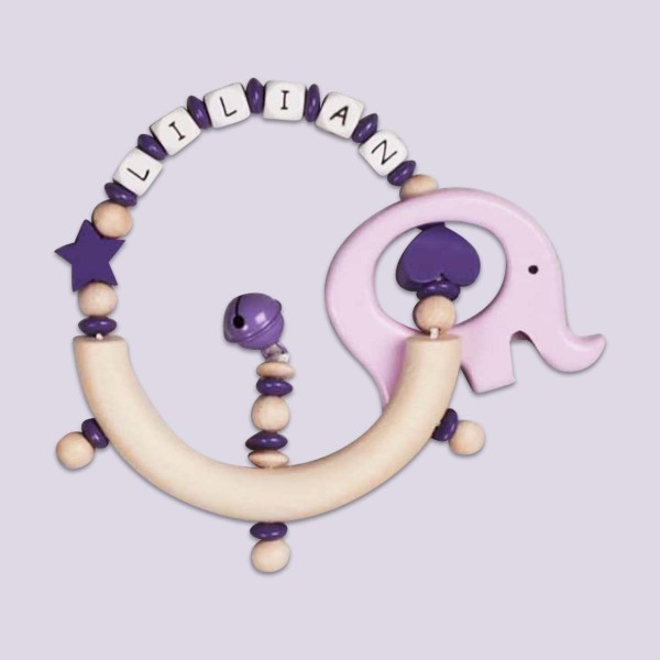 Hochet en bois avec éléphant, étoile et cÅur- violet/ lila