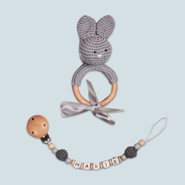Pacifier Chain And Crochet Bunny, Grey