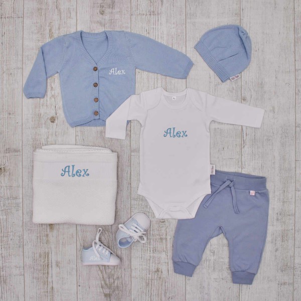 Komplettes Baby-Set «Luxus», Kleidung, Decke &amp; Schuhe, Blau &amp; Weiss