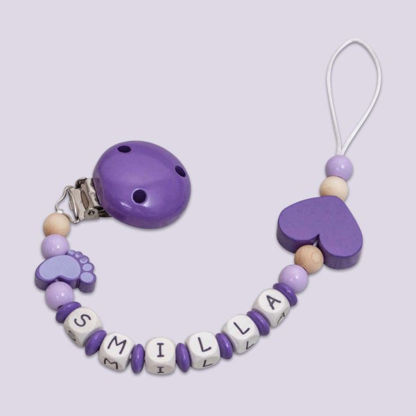 Dummy chain made of wood with with foot and heart, purple
