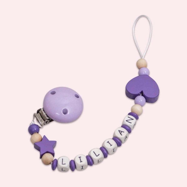 Wooden dummy chain with star and heart, purple