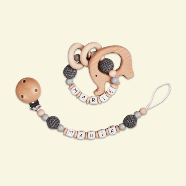 Ensemble 2 pièces, chaîne à lolette et hochet avec éléphant et perles au crochet, naturel/gris