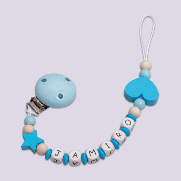 Wooden dummy chain with star and heart, blue