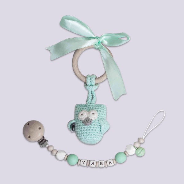 Pacifier Chain And Crochet Owl - Mint